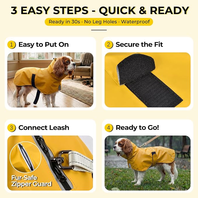 PU Dog Raincoat, Non-Toxic & Odorless Waterproof Vest, Adjustable High Neck and Hook & Loop Belly Closure for Rainy Potty Breaks & Wet Weather Outdoor Walks (Yellow, X-Small)