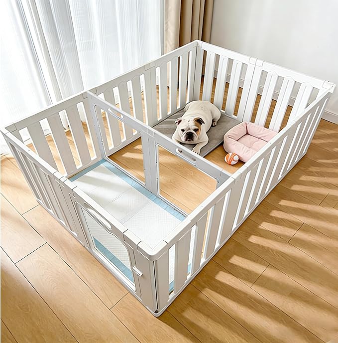 Acrylic Indoor Dog Playpen with Double Room, 24" H 12 Panels Puppy Playpen | Indoor & Outdoor Dog Play pen with Heavy Duty Door Lock, Easy-Assembly&Clean Door Pet Fence for Dogs Puppy,Cats,Rabbits,White
