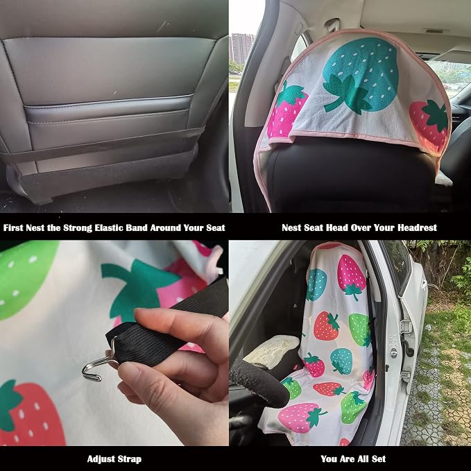 Car Seat Cover Protector Front Seats,for Gym Workout,Running,Swimming,Beach and Hiking,Waterproof Sweat Towel Bucket Seat Covers for Cars SUV Trucks (Strawberry, 2Pcs)