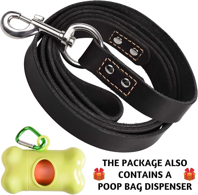 ADITYNA Black Leather Dog Leash for Large & Extra-Large Dogs, 6ft x 1" | Soft yet strong leather leash for walking, training, hiking — great for Great Dane, Rottweiler, Cane Corso, Mastiff.
