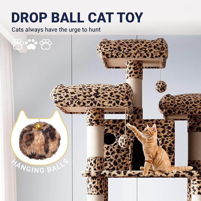 Allewie 82 Inches Large Cat Tree/House/XXL Tall Cat Towers for Big Feline/Scratching Post/Multi-Level Large Kitty Climbing Tree with Condo/Leopard Print