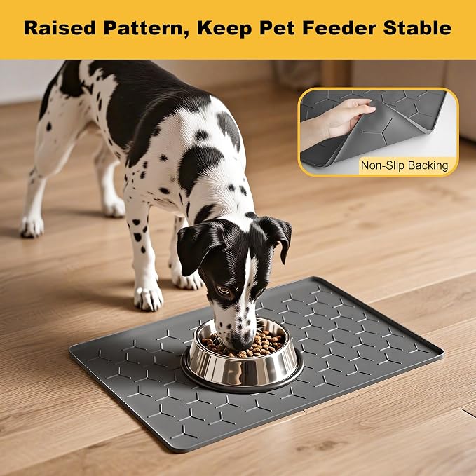 Pieviev Silicone Dog Cat Food Bowl Mat, Waterproof Raised Edge, 24'' x 16'' | Food-Grade Bpa-Free Pet Food Mat, Waterproof & Non-Slip, Raised Edges Contains Spills & Drips, Fits Pet Bowls and Fountains