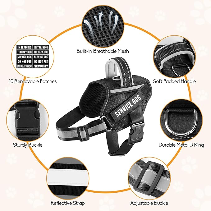 Service Dog Vest Harness and Leash Set, Animire in Training Dog Harness with 10 Dog Patches, Reflective Dog Leash with Soft Padded Handle for Small, Medium, Large, and Extra-Large Dogs (Black,XL)