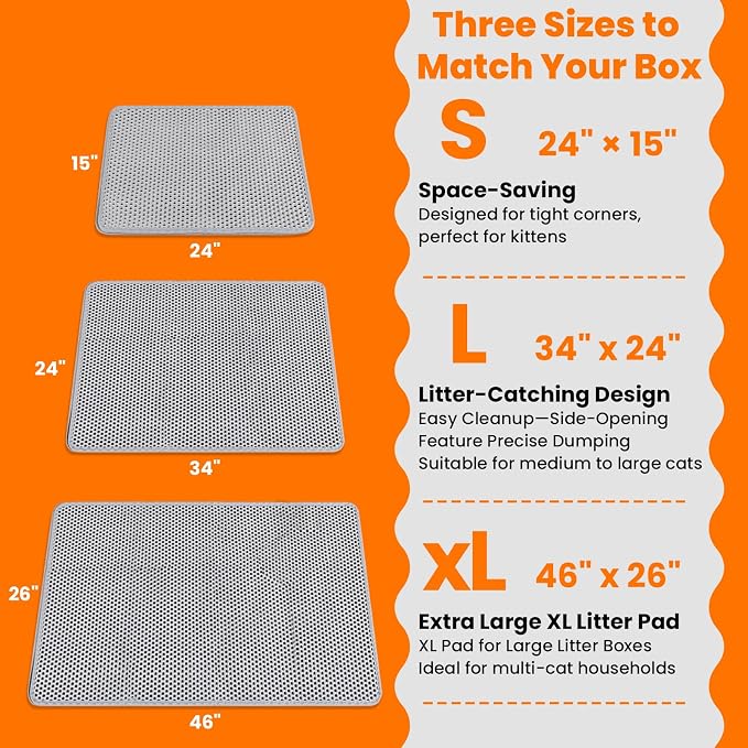 Large Cat Litter Box Mat for Cats, Double Layer Cat Litter Trapping Mats | Waterproof, Urine Proof, Non-Slip Litter Pad for Indoor Honeycomb Large Cat Litter Mat, Easy to Clean Grey (33.8'' x 23.6'')