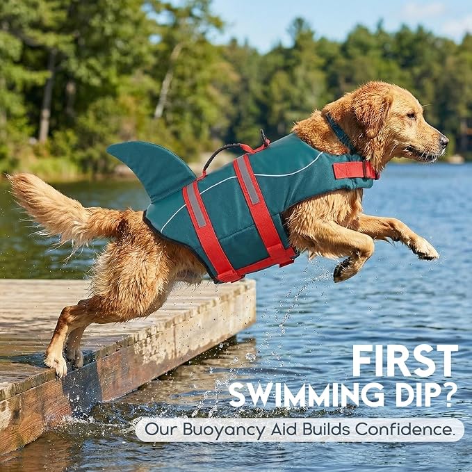 ASENKU Dog Life Jacket - Pet Safety Vest for Swimming & Boating, Shark Life Jacket with Floatation, Dog Lifesavers Swimsuits for Small Medium Large Dogs (ForestGreen, S)