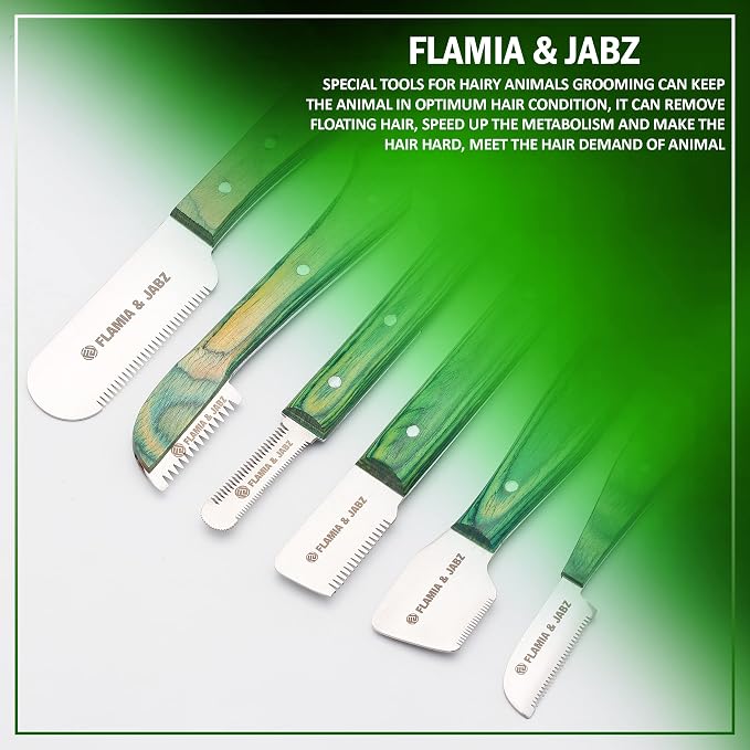 FLAMIA & JABZ FJ Professional Stripping Knife kit (6 pieces set) for Dogs & Pets, Wooden Handle Grip with Stainless Steel Blade (Right handed) (Green)