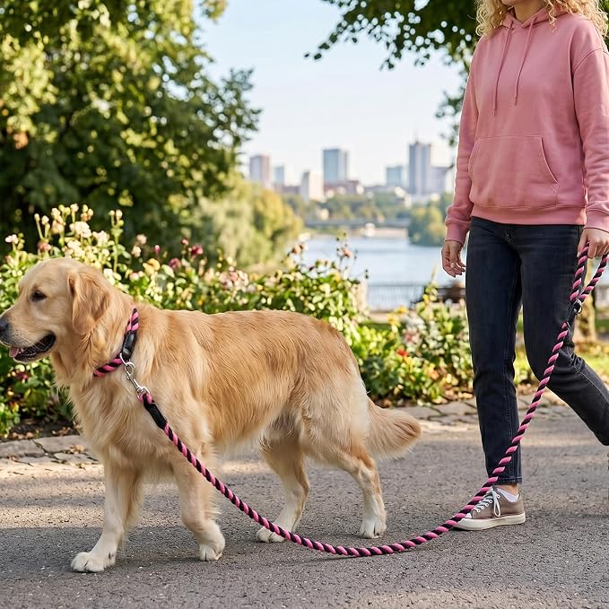 Mile High Life Rainbow Dog Leash Braided Cotton Rope w Leather-Wrapped Ends | Rust-proof 360° swivel clasp, Heavy-duty for medium/large breeds. Great for weddings, daily walks (4FT, 1/2", Black/Pink)