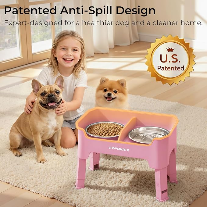 URPOWER Mess Proof Elevated Dog Bowls for Small Dogs with Splash Guard | 4 Height Adjustable Raised Stand with 2 Stainless Steel Food Bowls & Licking Plate for Small, Medium & Large Dogs