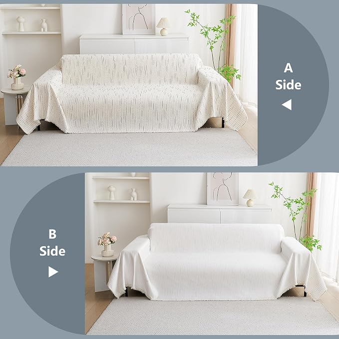 MYSKY HOME Couch Cover for Dogs, Sectional Couch Cover, Beige Lines Sofa Covers for Sectional Sofa L Shape Chenille Couch Protector for Dogs Pets Couch Covers Washable Soft Throw, 71"X150"