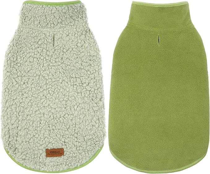 cyeollo Warm Dog Coat Fleece Sherpa Winter Sweater Coats, Turtleneck Dog Jacket Vest for Small Medium Large Dogs with Leash Hole, Soft Reversible Pet Coats for Cold Weather, Green, L