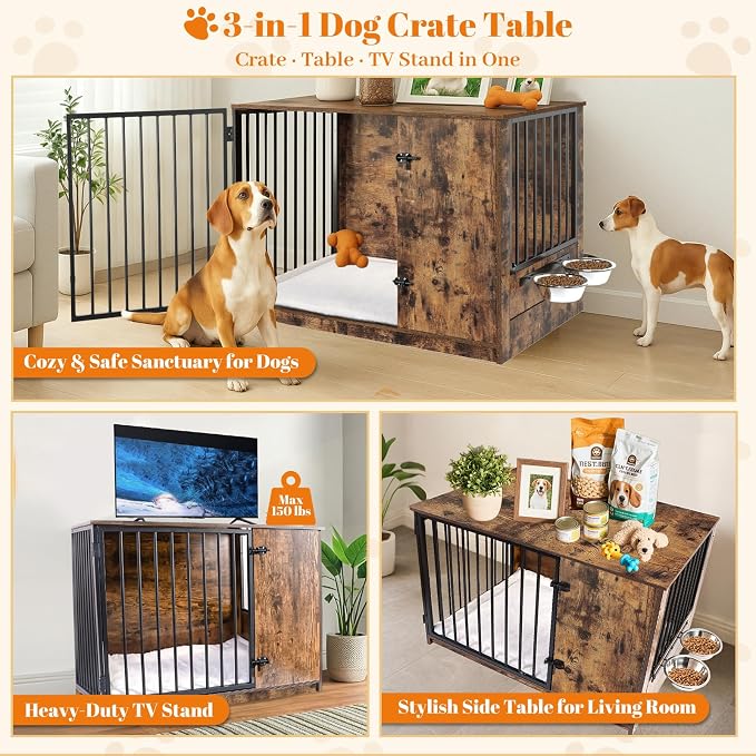 TBWIND 36" Dog Crate Furniture for Medium Dogs, Rustic Brown | Wooden Dog Kennel End Table with Cushion, 270° Rotating Door, 360° Feeding Station, Dual Rotating Latch Locks & Bowls