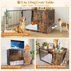 TBWIND 36" Dog Crate Furniture for Medium Dogs, Rustic Brown | Wooden Dog Kennel End Table with Cushion, 270° Rotating Door, 360° Feeding Station, Dual Rotating Latch Locks & Bowls