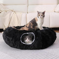 Plush Cat Tunnel Bed for Indoor Cats with Soft Cushion, Multi-Shape Play Cave with Hanging Balls, Large and Foldable Cat Donut Tunnel for Small and Large Pets (Black)