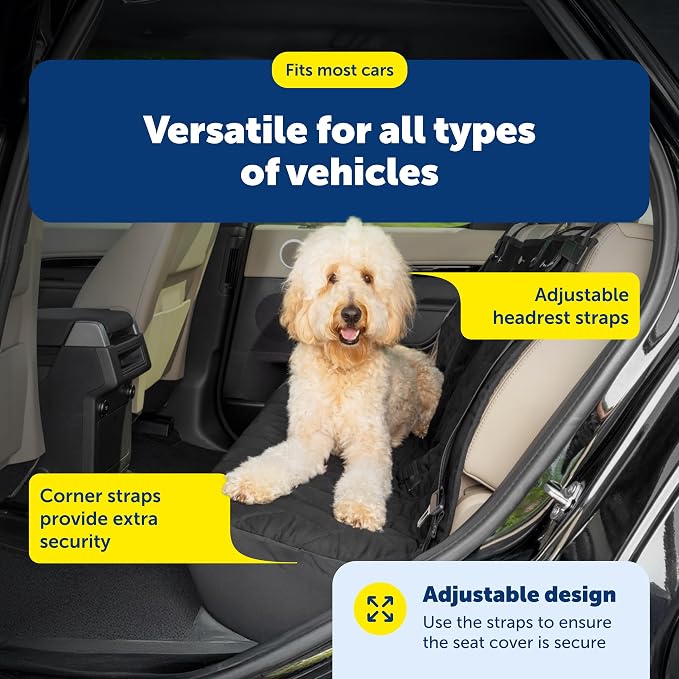 PetSafe Happy Ride Quilted Dog Car Seat Cover, Bench, Black | Seat Cover for Back Seat, Scratch-Resistant, Adjustable Straps and Elastic Panels, Machine Washable, Seatbelt Access Zippers