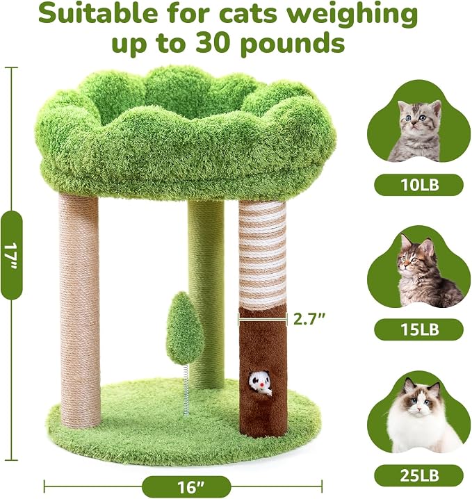 Woochpet 20" Small Cat Tree with 3 Scratching Posts and Perch Bed | Removable Washable Top Cover, Natural Sisal Rope, Compact Design, For Small Cats and Kittens