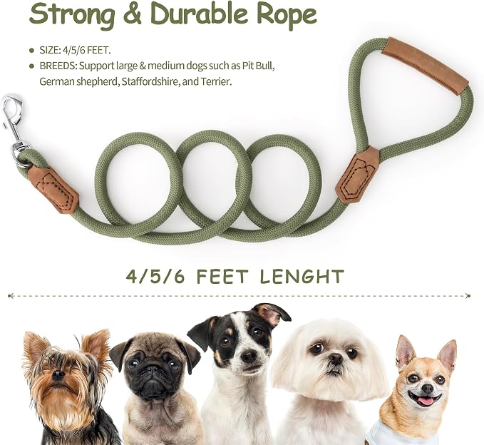 Mile High Life Dog Leash with Genuine Leather Handle, 6 FT/5 FT/4 FT | Leather Grip Rope Leash, Heavy Duty 360° Swivel Metal Clasp, for Small Medium & Large Dogs