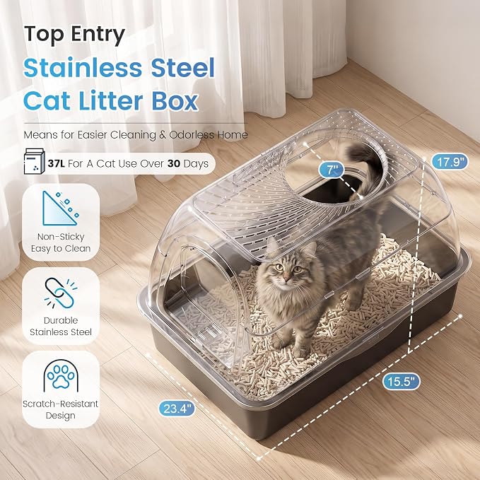 SuzziPaws Stainless Steel Litter Box Top-Entry Dog-Proof for Multi-Cats | XL Dark Grey Hooded Cat Litter Box with Filter & Scoop, Anti-Leakage High Walls Reduce Tracking for Multi-Cat Homes