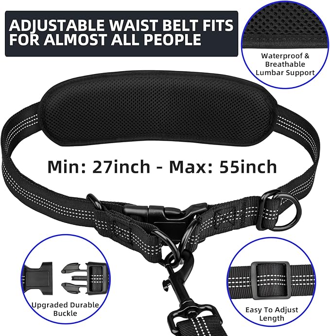 Uppetly Hands Free Double Dog Leash with Pouch, Dual Leash for 2 Dogs with Reflective Padded Handles, Durable Bungee and Lumbar Waist Belt for Walking, Jogging and Running (Medium/Large, 25-120 lbs)