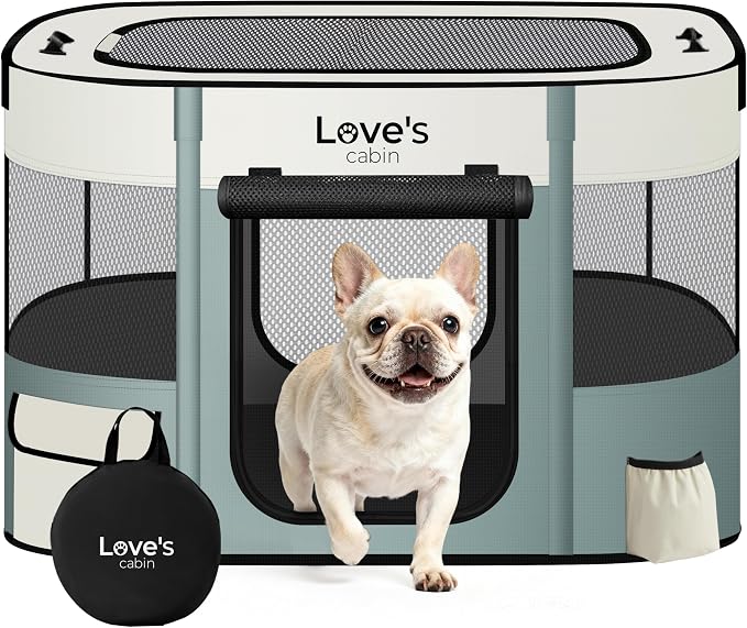 Love's cabin Pet Puppy Dog Playpen, Small Dog Tent Crates Cage Indoor/Outdoor, Portable Exercise Playpen for Cat, Foldable Pop Up Dog Kennel Playpen with Carring Case (S, Gray Green)