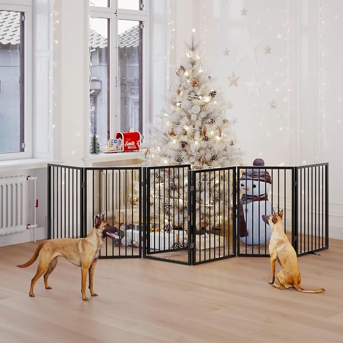 Vantas 120" x 24" Foldable Freestanding Extra Wide Dog Gate with Door,Black | Pet Gate for Stairs and Doorways, Renter Friendly No Drill, Indoor Pet Fence Extra Wide, Easy Storage, With Support Feet