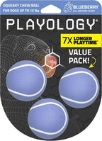 Playology Dog Toys | Squeaky Chew Ball for Dogs, Value 3-Pack | Blueberry Scented Small Dog Balls | Bouncy Floating Chew Toys for Fetch