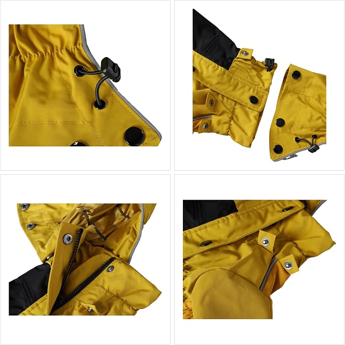 LOVELONGLONG Waterproof Dog Raincoat with Removable Hood – Outdoor Full Body Dog Jacket, Windproof Snowproof Shell Suit – All Season Pet Rain Gear Mustard Yellow XXL