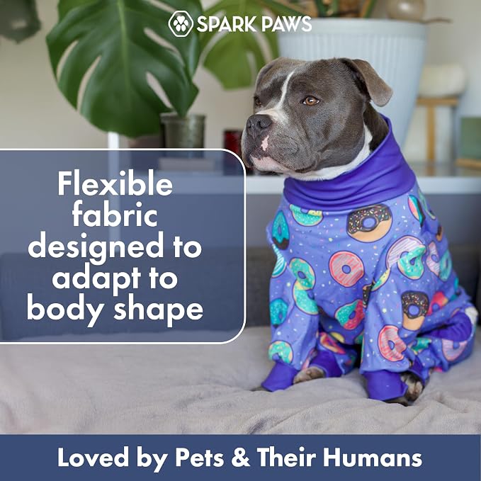 Spark Paws Dog Pajama, Dog Recovery Suit Male, Onesie, Ultra-Soft and 4-Way Stretch, for Small Medium and Large Breeds - Donuts - XL