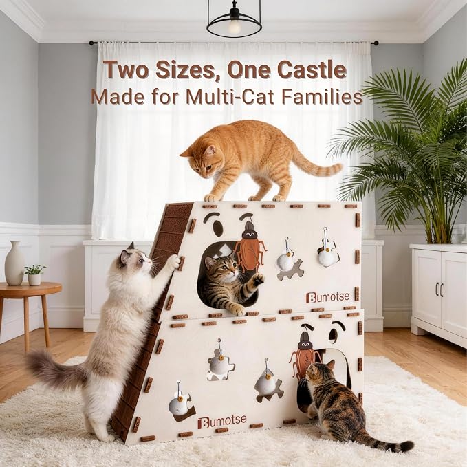 Cat Tunnel House for Indoor Cats, 3-in-1 Felt Cave and Scratcher | Fits 12–22 lb pets, reinforced top supports lounging, joins two units into a 47-inch play zone, includes two catnip bell toys