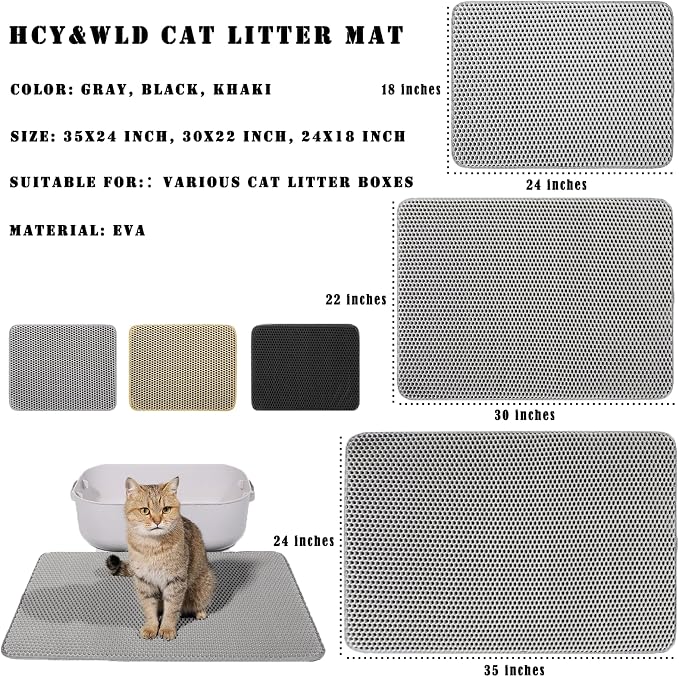 HCY&WLD Cat Litter Mat, Double Layer Cat Litter Box Mat (35x24 Inch, Black) | Waterproof Urine-Proof Non-Slip Litter Trapping Mat, Soft on Kitty Paws, Scratch-Resistant, Scatter Control, Easy to Clean