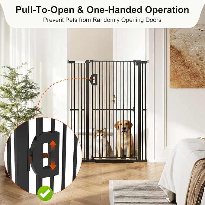 Jekriuet 57" Extra Tall Pet Gate, 27.5"-38.5" Wide, Black | Dog Cat Gate for Doorways Hallways Stairs,Pressure Mounted 1.18" Ultra Narrow Gap No Drilling One-Handed Auto-Close