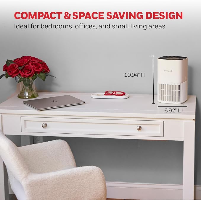 Honeywell Allergen Plus Compact HEPA Small Room Air Purifiers, White | Honeywell air purifiers for home, Up to 530 ft², Quiet HEPA air purifiers for bedroom, 3-in-1 filter, HPA125W