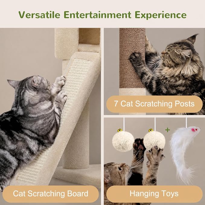 Globlazer S74G 74in Tall Cat Tree for Indoor Cats Large Adult, Light Grey | Sturdy Heavy Duty Cat Tree Tower for Multiple Cats with 7 Scratching Posts, 2 Spacious Condos, 2 Hanging Baskets