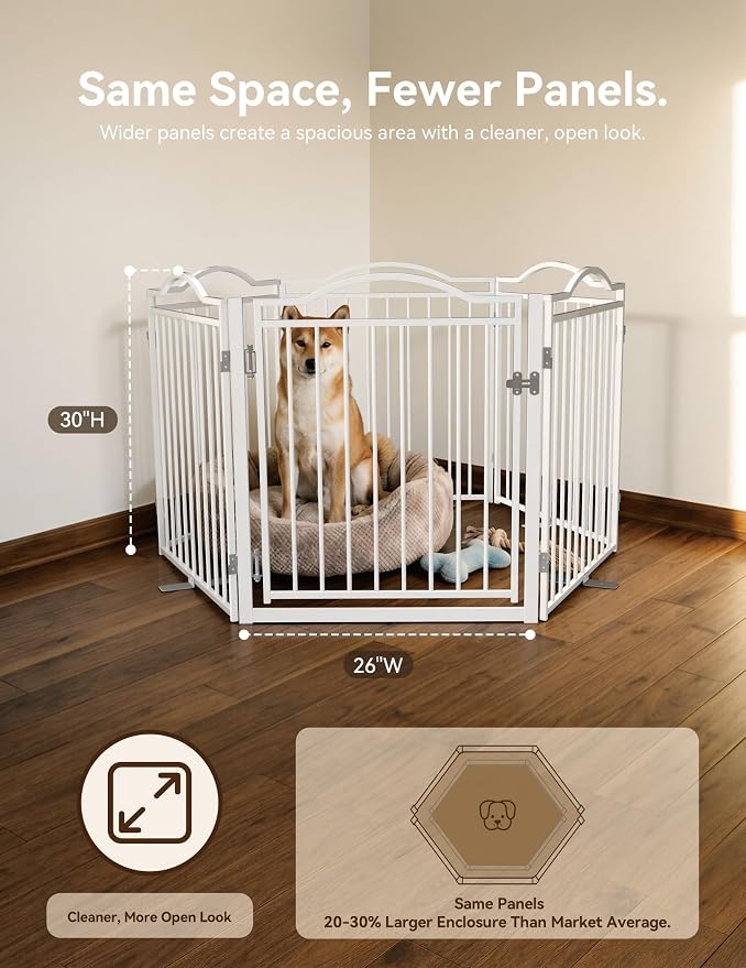 No Pawblems Full Metal Free Standing Dog Gate with Door, 30'' Tall | Foldable Freestanding Pet Gate for Indoor & Outdoor, Up to 156 Inch Extra Wide Dog Fence for Doorways, Stairs, Deck - White