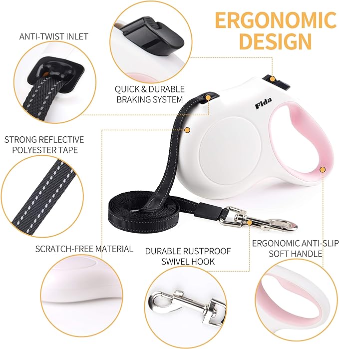 Fida Retractable Dog Leash with Dispenser and Poop Bags, 16 ft Pet Walking Leash for Large Dog up to 110 lbs, Anti-Slip Handle, Tangle Free, Reflective Nylon Tape (L, White)