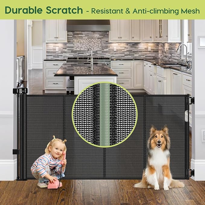 2 Pack Reinforced 55" Wide Retractable Baby Gates with Reinforced Strips, Indoor/Outdoor Retractable Dog Gate for Doorway Prevent Bottom Drilling Through, No Bottom Bar Safety Mesh Baby Gate for Stair