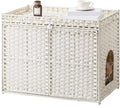SETVSON Cat Litter Box Enclosure Furniture, Handwoven PE Rattan, White | Large Double-Door PE Rattan Kitty House, Fits Large Covered Litter Boxes, 2 Litter Mats, 2 S-Hooks, Metal Frame