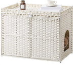 SETVSON Cat Litter Box Enclosure Furniture, Handwoven PE Rattan, White | Large Double-Door PE Rattan Kitty House, Fits Large Covered Litter Boxes, 2 Litter Mats, 2 S-Hooks, Metal Frame