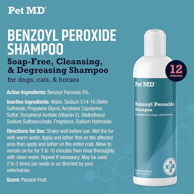 Pet MD Benzoyl Peroxide Shampoo for Dogs, Cats, and Horses - 12oz | Helps Relieve Itchy, Oily & Flaky Skin - Deep Cleansing & Deodorizing Formula - Passion Fruit Scent