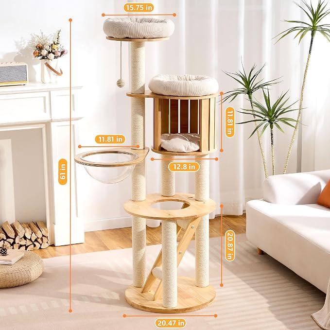 HITTITE Solid Wood Cat Tree Tower with Scratching Post, 61 Inches Tall Cat Towers with Capsule and Condo, Modern Cat Tower with Hammock and Removable Top Bed for Indoor Cats.White
