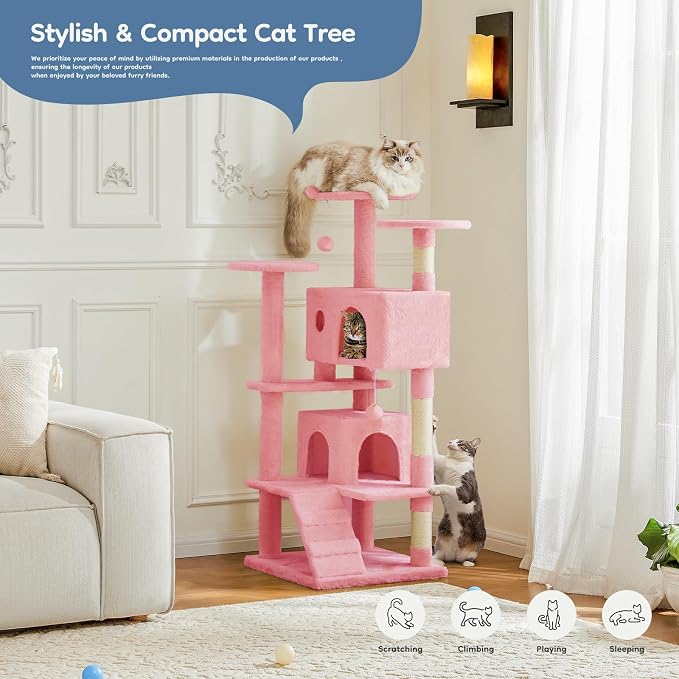 DUMOS 54 Inch Cat Tree Tower with Scratching Posts, Pink | Multi-Level Pet House for Large Cats with 2 Condos, Scratching Posts, Round Platform, Small Ladder and Toys
