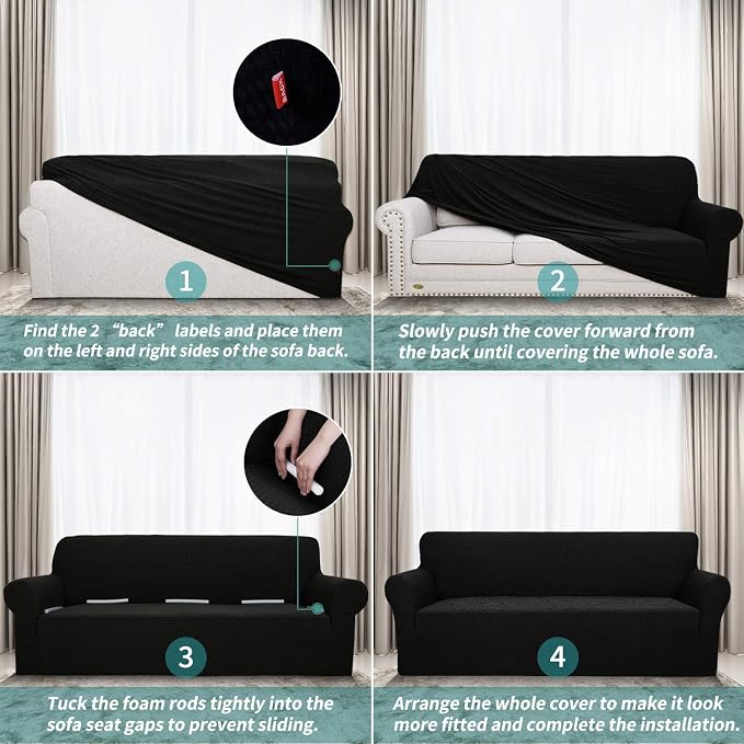 YEMYHOM Couch Cover Latest Jacquard Design High Stretch Sofa Covers for 3 Cushion Couch, Pet Dog Cat Proof Slipcover Non Slip Magic Elastic Furniture Protector (Sofa, Black)