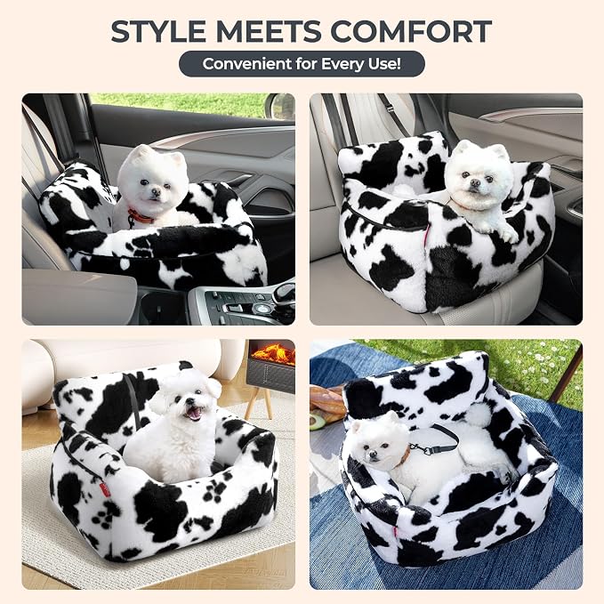 BurgeonNest Dog Car Seat for Small Dogs & Cats Under 25 lbs, Milk Cow