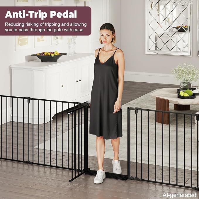 144" Extra Wide Baby Gate with Door, Configurable Baby Fence | Fireplace Gate with Anti-Trip Pedal, Family Essentials Safety Gate for Child Dogs Pets, 28'' Tall 6 Panels Black