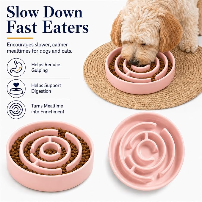 Ceramic Slow Feeder Dog Bowl 1.5 Cup Puzzle Dish for Small Medium Dogs | Glazed ceramic maze bowl with 1.5-cup capacity for dry or wet food, sized for small and medium dogs
