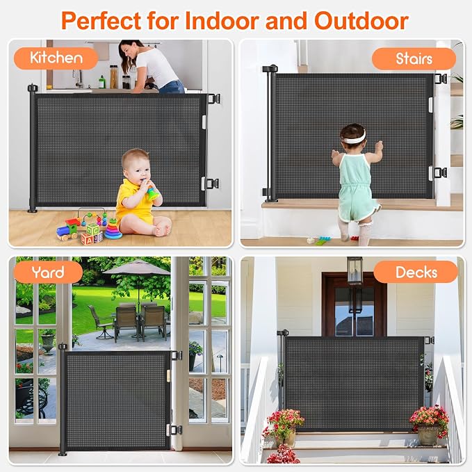 EZIGO 55 Inch Retractable Baby Gates Extra Wide Baby Dog Gate for Stairs | 34 Inch Tall Retractable Dog Gate, One-Hand Operation Mesh Safety Pet Gate for Deck, Porch, Doorways Indoor Outdoor, Black