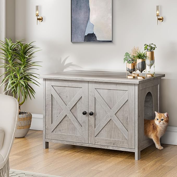 Shintenchi Cat Litter Box Enclosure, Litter Box Furniture Cabinet Hidden with Removable Divider, Wooden Cat House with End Table, Ash Oak Grey, 30.5 inch