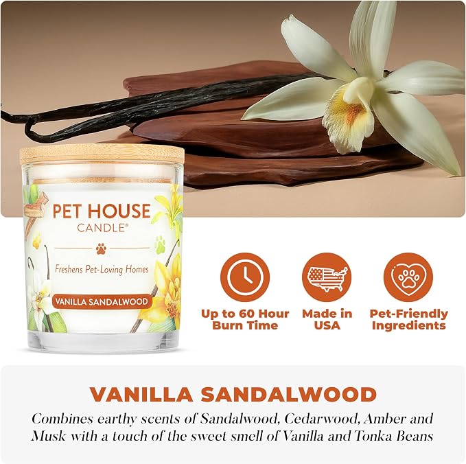 Pet House Candle Plant-Based/Soy - Clean Burning Scented, Long Lasting Pet Odor Candle for Home - Vanilla Sandalwood