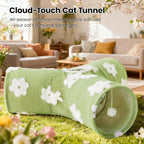 Tempcore Flannel Cat Tunnel for Indoor Cats, 3 Way Collapsible Pet Play Tunnel with Teaser Wand, Peek Holes & Hanging Ball, Interactive Tube for Kittens & Rabbits, Daisy Green