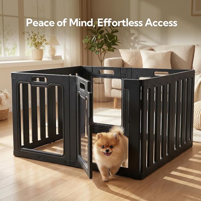 Soulbond Clear Acrylic Dog Playpen Indoor, 24 Inch, Black, 8 Panels | Non-Slip,Tool-Free Assembly, External Door Lock Play Pen for Puppies and Small Dogs