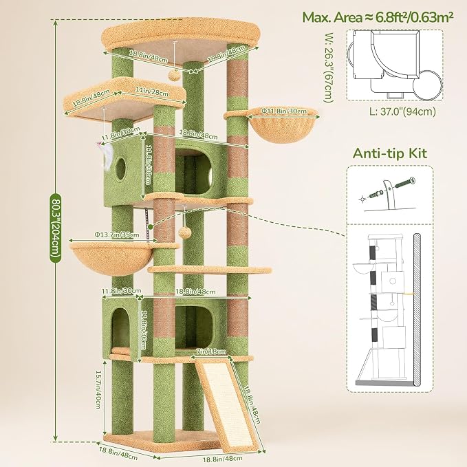 Globlazer Extra Large Heavy Duty Cactus Cat Tree, 80in Sturdy Cat Tree Tower for Multiple Indoor Cats Large Adult with Scratching Posts, 2 Spacious Condos with Padding, 2 Soft Perches, S80C, Green